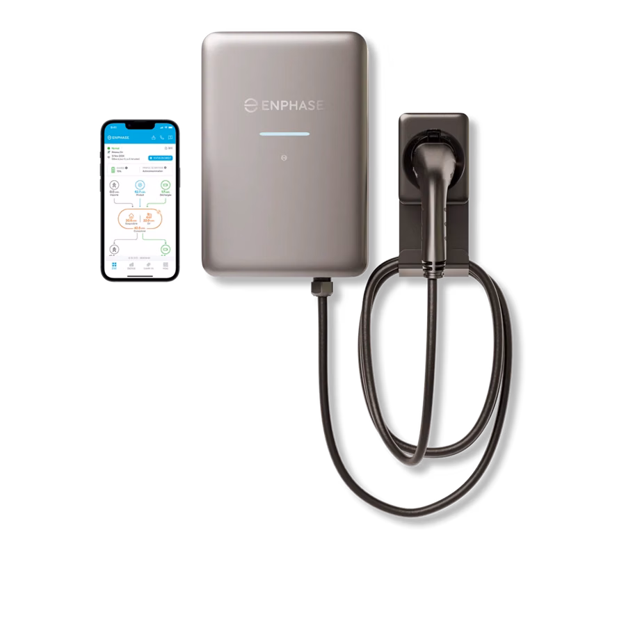 Enphase IQ EV Charger 2 shown with its charging cable and the Enphase mobile app
